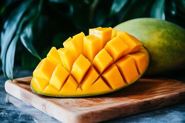 A ripe mango sliced open with vibrant yellow flesh