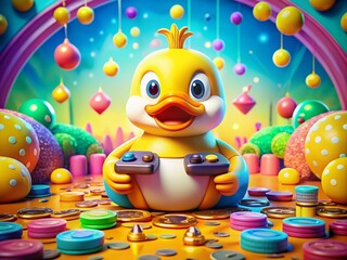Naklejka premium Aerial View of a Cartoon Duck Gamer Surrounded by Video Game Elements for Fun Illustrations
