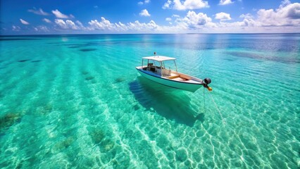 A boat peacefully sailing on crystal clear turquoise water, boat, sailing, peaceful, crystal clear, turquoise, water, ocean
