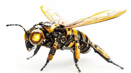 Fototapeta premium A charming robotic insect with a design based on a bee, featuring glowing eyes, metallic yellow-black body plating, and delicate mechanical wings.