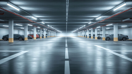 Modern underground parking lot with a white painted floor, LED lighting