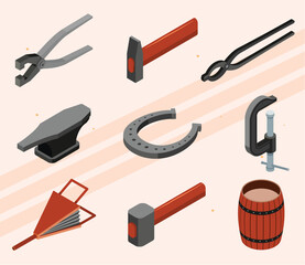 Isometric icons of blacksmith tools and forging equipment.