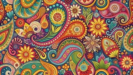 Colorful retro paisley pattern with intricate floral and swirl designs , vintage, vibrant, funky, 70s, 60s, textile