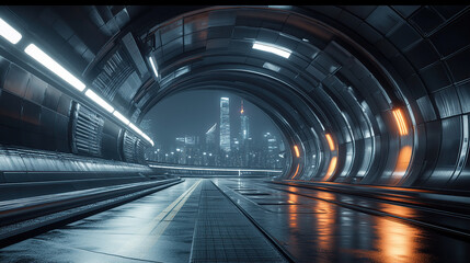 A photorealistic image of an empty, futuristic tunnel with lights and train tracks