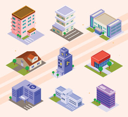 Isometric icons representing various building structures and construction elements.