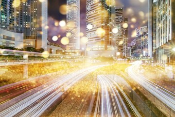 Nighttime view of Hong Kong with illuminated skyscrapers and streetlights. Blurred lights and long exposure trails of moving vehicles create a mesmerizing effect.