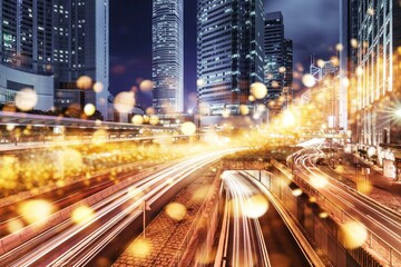 A bustling Hong Kong street at night, filled with glowing skyscrapers and fast-moving traffic.