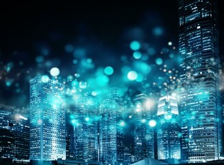 A night cityscape of illuminated skyscrapers with a blurry background of blue bokeh lights.