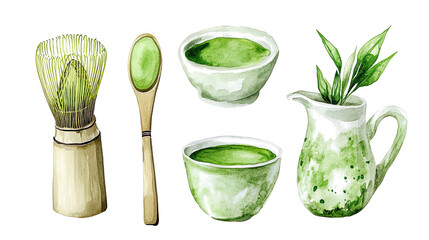 Set of Watercolor Matcha Green Tea Elements on a White Background Generative AI