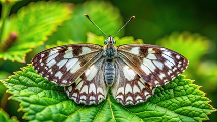 Obraz premium Long shot of a Marbled White Butterfly Melanargia galathea with open wings on green leaf