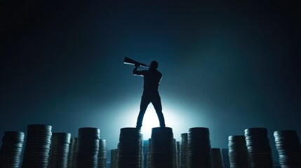 Abstract fantasy of man standing on towering pile of gold coins, holding telescope and gazing into the distance with confidence concept of unlimited possibilities for success