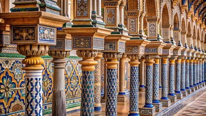 Fototapeta premium Long shot of ornate ornaments on wall columns in Seville