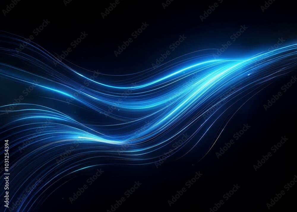 Leinwandbilder Abstract digital art with bright blue glowing lines creating a wave pattern on a dark background.