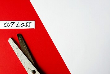 Scissors cut paper pieces with handwritten text CUT LOSS with white copy space, means stop activity on business or investment to prevent more losses or damage