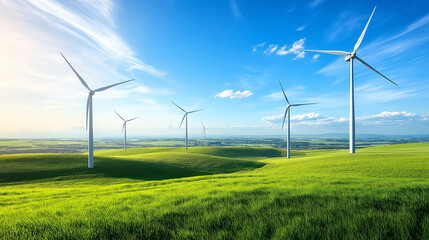 landscape with several tall wind turbines spread across a wide, open field