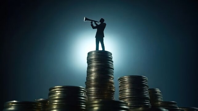Abstract fantasy of man standing on towering pile of gold coins, holding telescope and gazing into the distance with confidence concept of unlimited possibilities for success