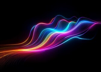 Abstract digital art with bright, colorful lines in a wave-like form on a black background.