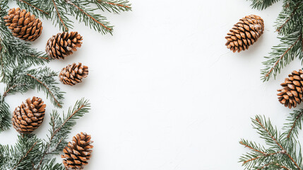 Naklejka premium Clean, focused image of pine cones and evergreen sprigs arranged in a minimalistic style on a neutral background, ideal for Christmas and winter-related designs