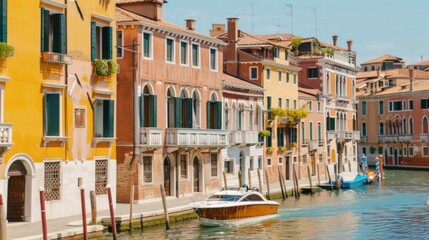 Fototapeta premium A Modern Boat Navigating a Canal in Venice, Italy