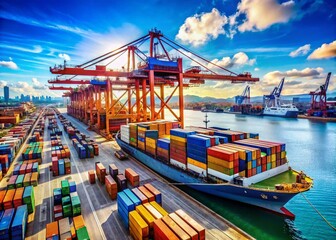 Naklejka premium Aerial View of Cargo Ship Loading Containers at Busy Port