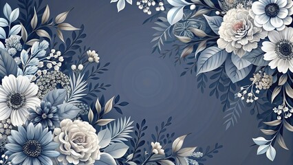 Low angle abstract background with deep floral tones in gray navy and white palette