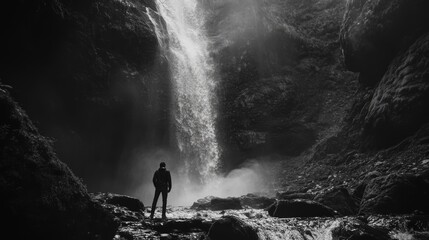 Obraz premium Silhouette of man against a waterfall.
