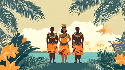Fijian ceremonial attire, island setting, cultural event, flat design illustration