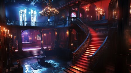 Grand, Dark, and Eerie Interior of an Old Mansion with a Winding Staircase