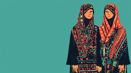 Palestinian traditional dress, intricate embroidery, cultural event, flat design illustration