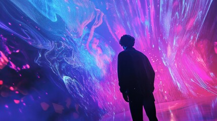 Silhouette of a person in a neon-lit room.