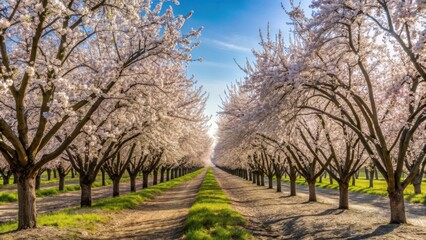 Almond orchards in Northern California at full bloom , agriculture, orchard, trees, flowers, blossom, spring, landscape, farm