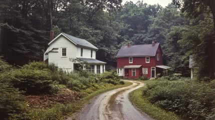 Fototapeta premium Two houses on a dirt road in a lush forest setting.