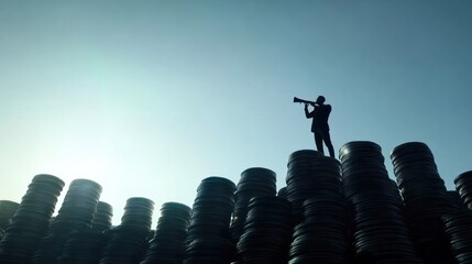 Abstract fantasy of man standing on towering pile of gold coins, holding telescope and gazing into the distance with confidence concept of unlimited possibilities for success
