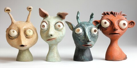 Four ceramic sculptures with large eyes.