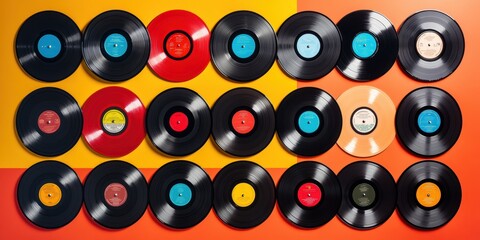 Vinyl records arranged on a yellow and orange background.