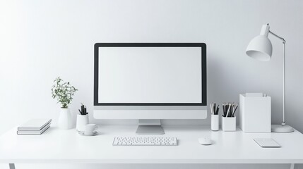 Fototapeta premium White minimalist workspace with computer and lamp.