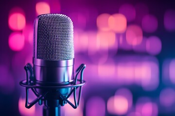 A stylish podcast cover art featuring a microphone and audio waves, designed with vibrant colors...