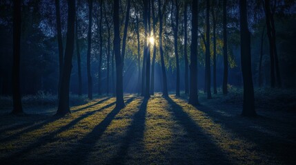 Naklejka premium Sunlight beams through a dense forest.