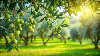 Trees with green olives in a lush garden setting, olives, green, trees, branches, foliage, Mediterranean, agriculture, harvesting