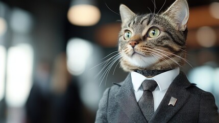 A tabby cat in a suit, looking curious, sits in a cafe.