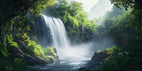 Naklejka premium Lush rainforest with a misty waterfall.