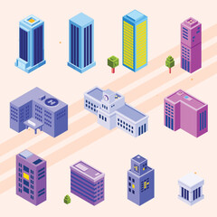 Isometric icons representing various cityscape elements.