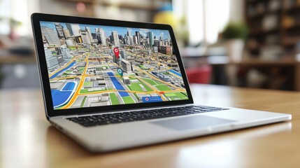 Modern Laptop with City Map Display on Table