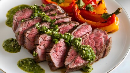 medium-rare steak slices with roasted bell peppers, drizzled with chimichurri sauce