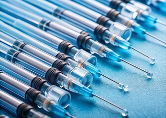 Aerial View of Insulin Syringes and Pens with Medicine Drops on Blue Background