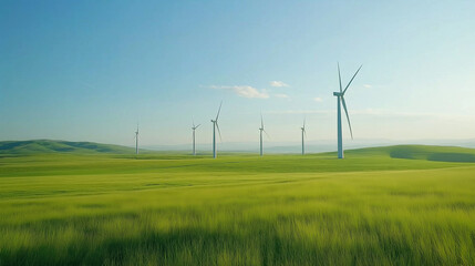 the image features a serene landscape with several tall wind turbines spread across a wide, open field