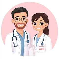 Cute cartoon-style, vector illustrated male doctors and female nurses standing together in white coats