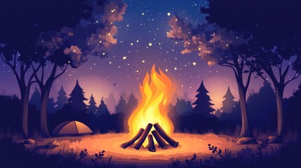Bonfire vector illustration, featuring a campfire in the center of a campsite with warm, glowing ambiance