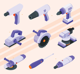 Isometric icons showing various construction power tools.