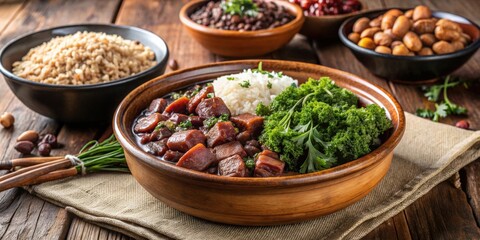 Traditional Brazilian feijoada dish with rice, kale, farofa, and cracklings, Brazilian, feijoada, dish, rice, kale